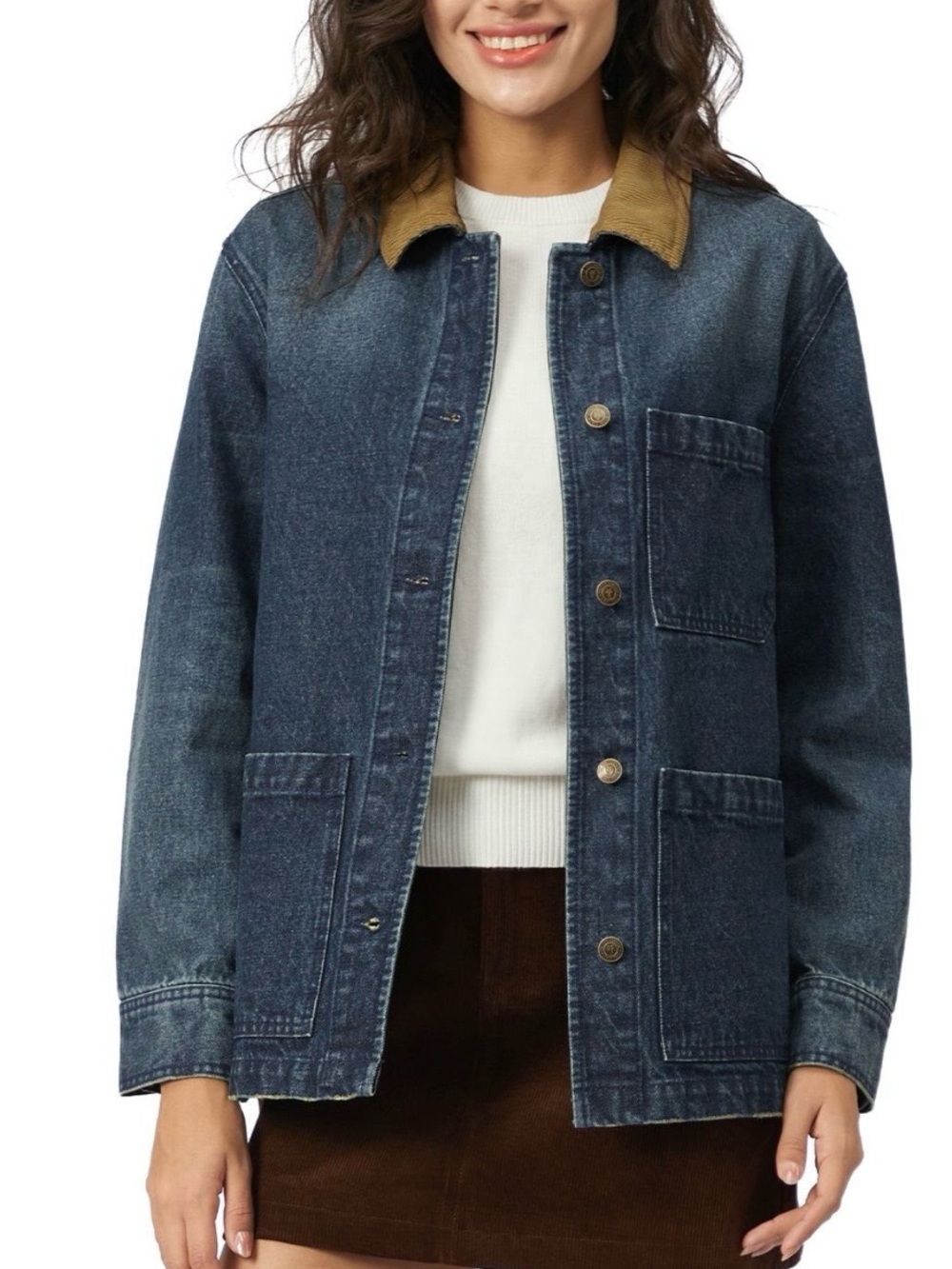 Frye Dark Blue Denim Jacket with Tan Corduroy Collar